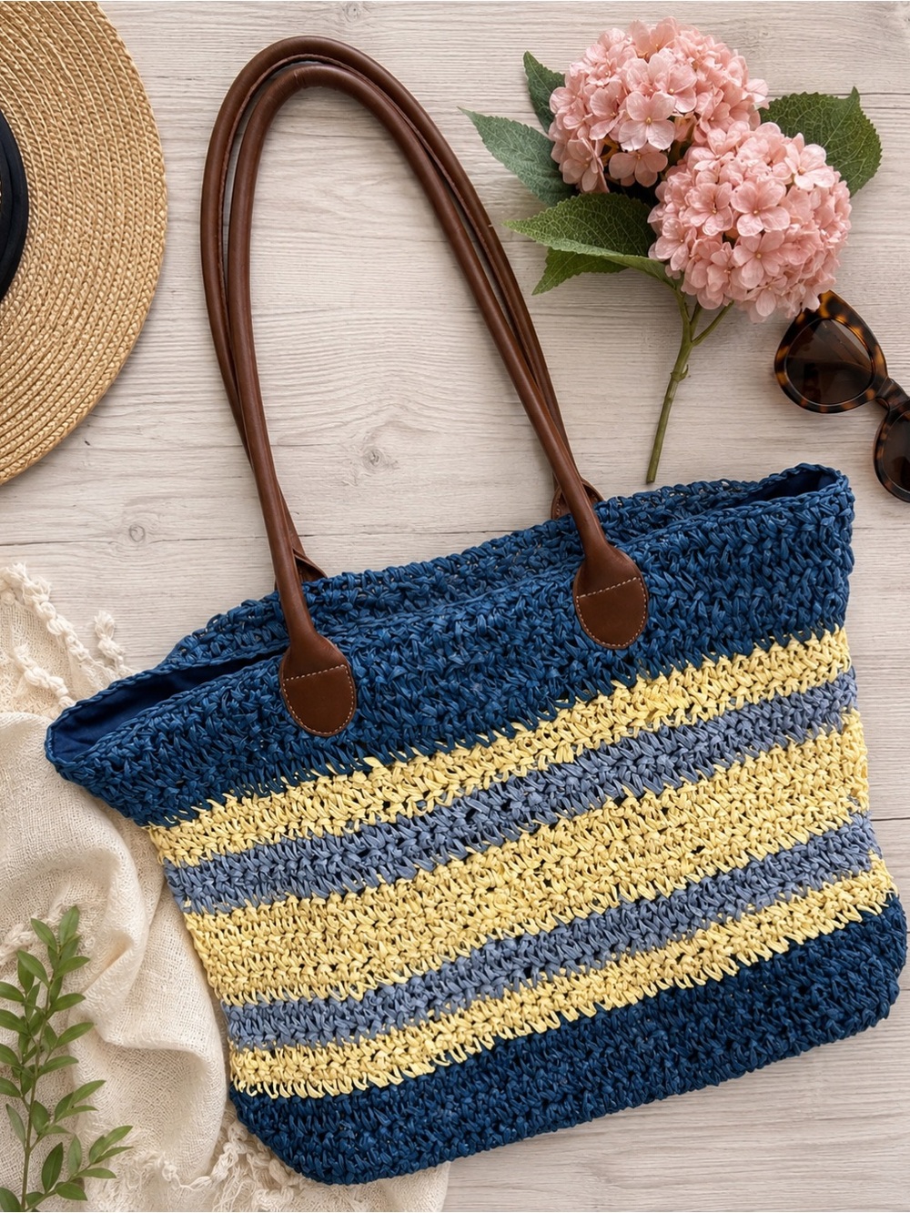 Abercrombie & Fitch Woven Straw Tote Blue Stripe Large Beach Shoulder Bag